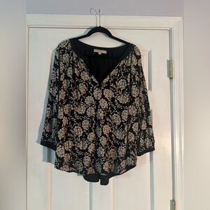 LOFT Black and Cream Floral Blouse